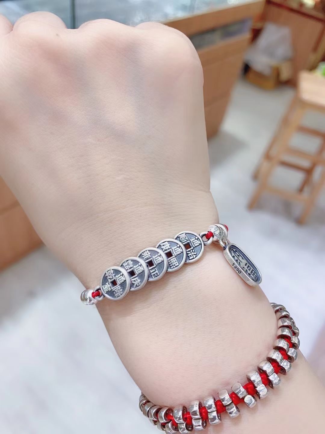 原创手工s99足银纳福五帝铜钱配件民族风复古男女手链珠串详情11