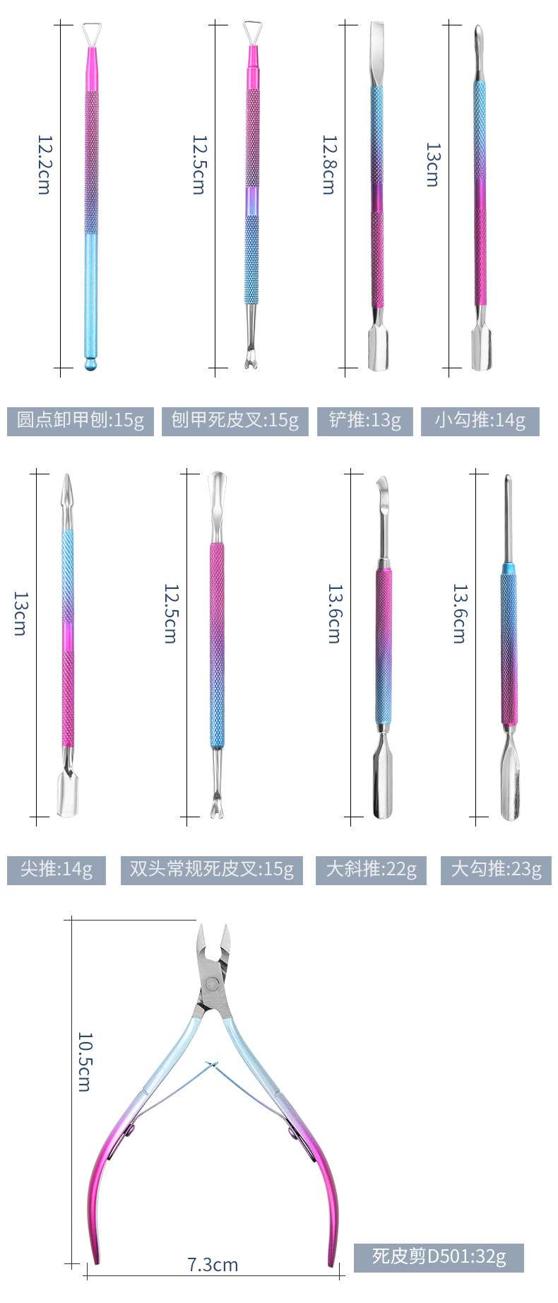 Stainless steel dual-color gradient steel nail planer, nail remover, dead skin fork, dead skin remover, nail clipper, file, nail art tools shanilak pic 5