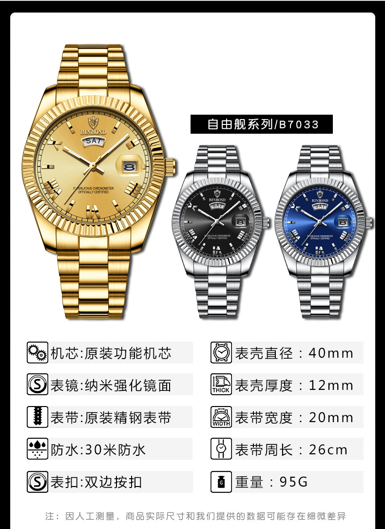 宾邦手表男士非机械表防水日志型时尚男表蓝色跨境情侣商务腕表详情11