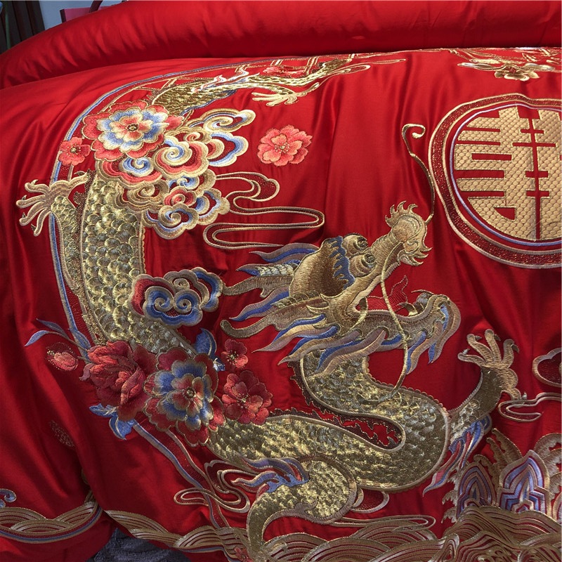 新款100s高档纯棉婚庆四件套长绒棉重工刺绣大红色床上结婚多件套详情6