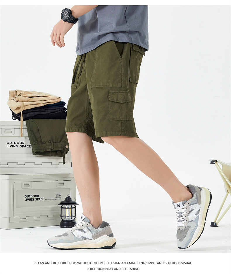 OLA 美式复古男士休闲水洗工装裤五分裤简约多袋百搭潮流设计感详情16