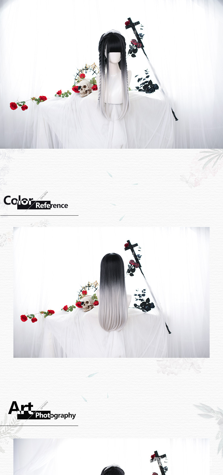 lolita wig for women, European and American black and white gradient full head set, entire high-temperature silk chemical fiber cos anime wig head set pic 4