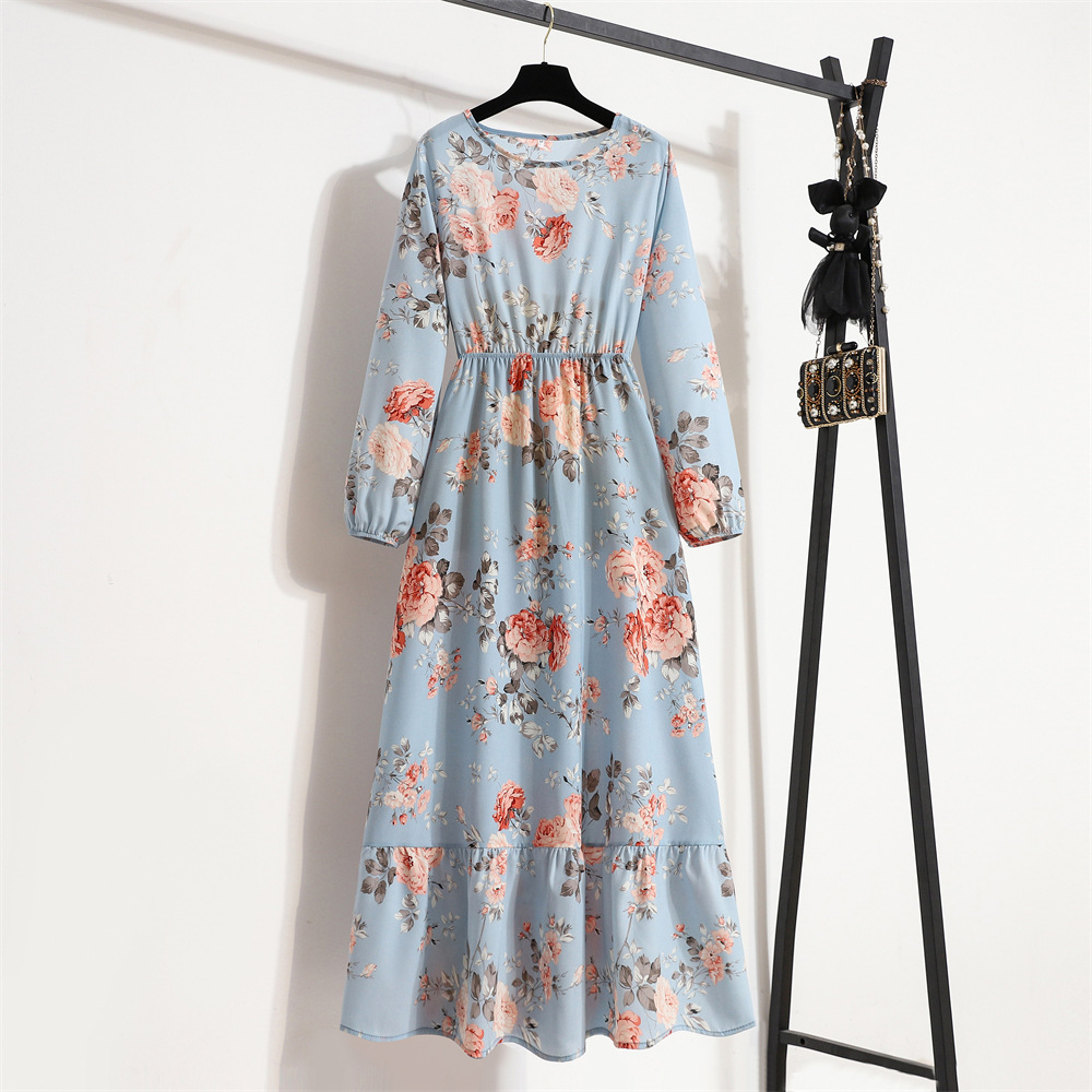 European and American floral long, round-neck, long-sleeved, waist-cinching and slimming dress pic 79