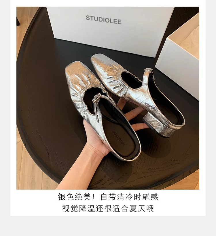 羊皮版葡萄妈同款法式银色方头芭蕾鞋女包头半拖鞋夏外穿粗跟凉拖详情8