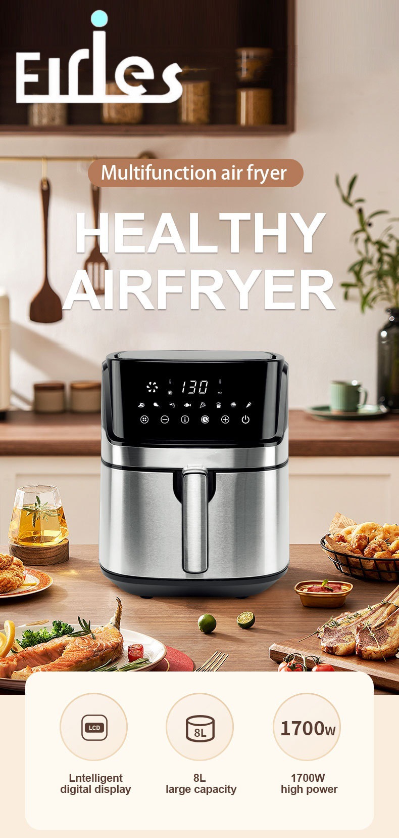 Household air fryer, electric fryer, 8L cross-border export capacity, healthy fryer, stainless steel, WiFi-connected fryer pic 1
