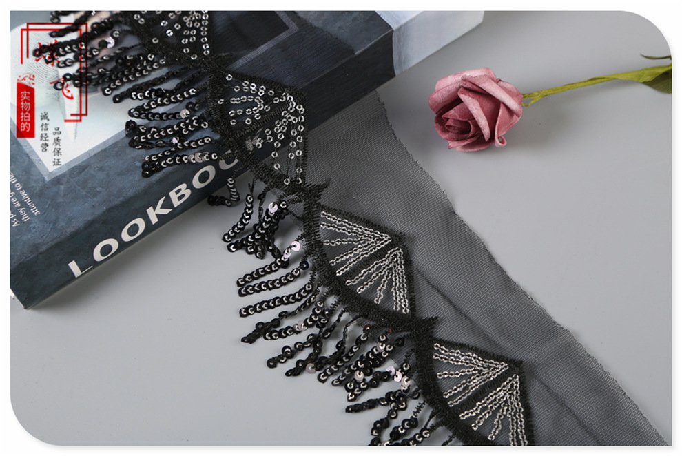 Small fans in stock, colorful hollowed-out mesh, tassels, sequins, embroidered lace, skirt hem decoration, stage costume accessories pic 7