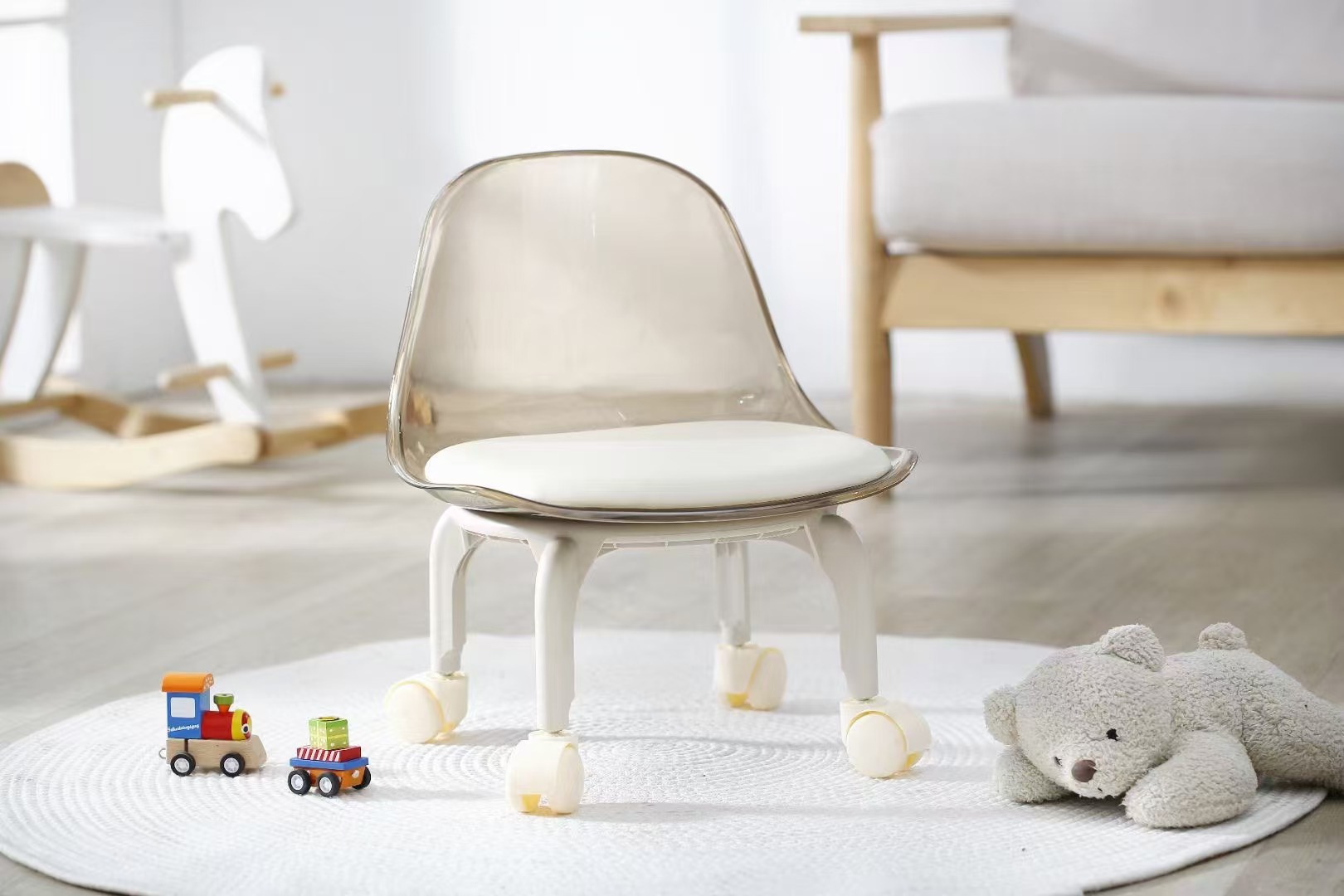 The popular small stool, universal wheel, sliding wheel, low stool, a must-have for kids, acrylic transparent baby walking stool pic 5