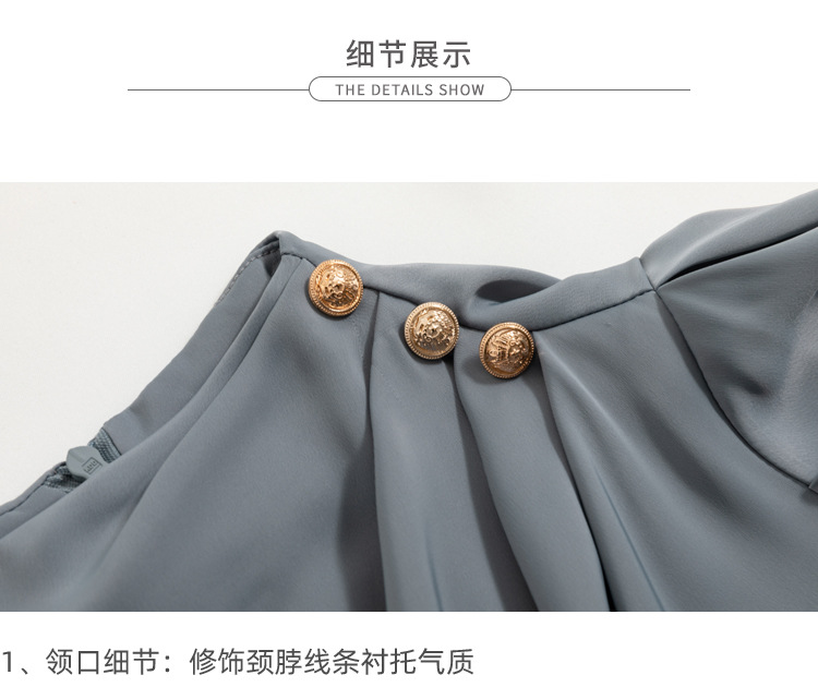 外贸供货2023轻熟气质立领褶皱灯笼袖时尚长袖上衣宽松女士衬衫详情9