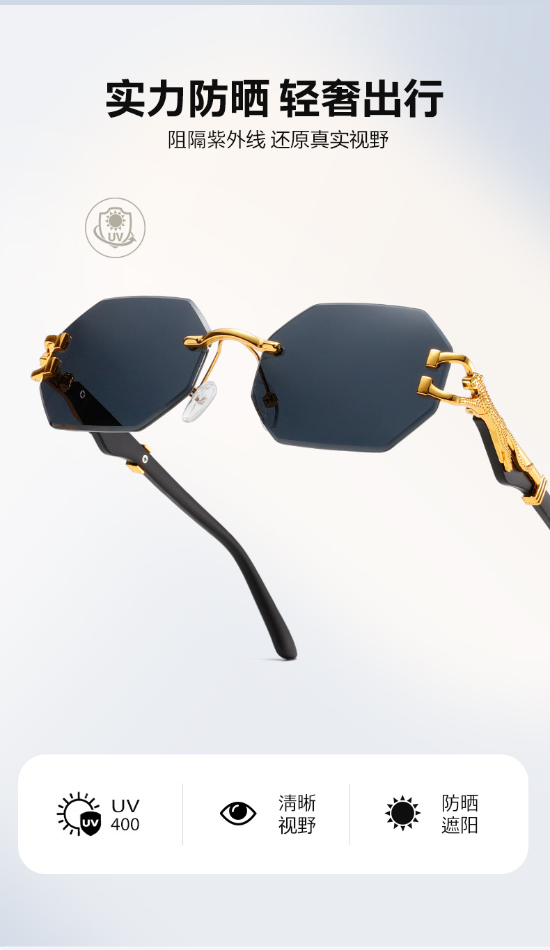 新款时尚复古木纹豹子镜腿墨镜男方框休闲街拍猎豹装饰太阳镜详情5