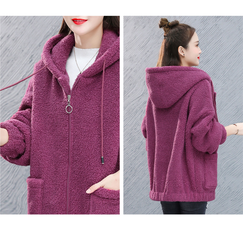 New autumn and winter loose Korean-style zipper Teddy fleece hooded cardigan with thickened fleece for women pic 10