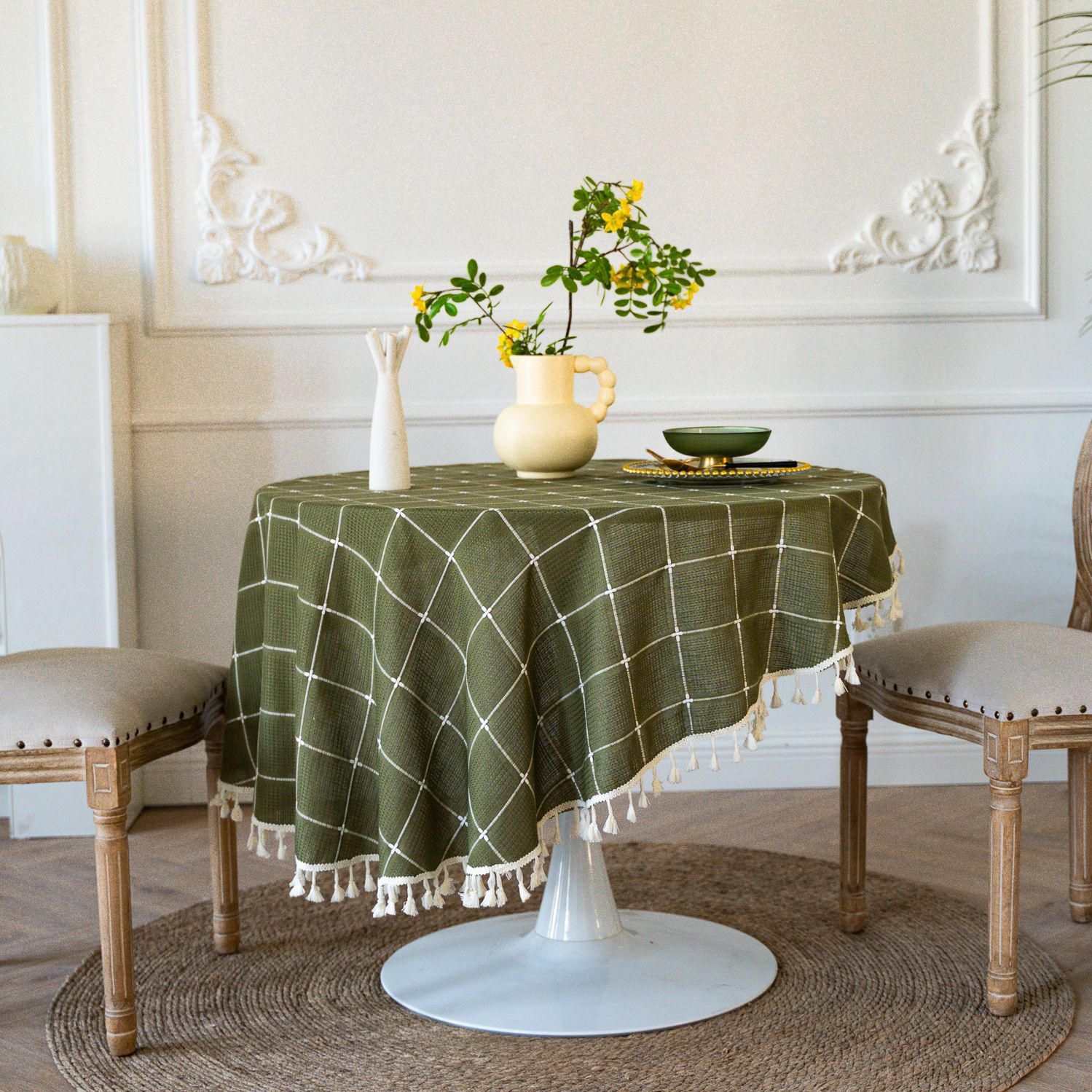 Cross-border TEMU Xiyin round table cloth, Japanese cream white tassel tablecloth, table cloth, cover cloth, Amazon factory wholesale pic 46