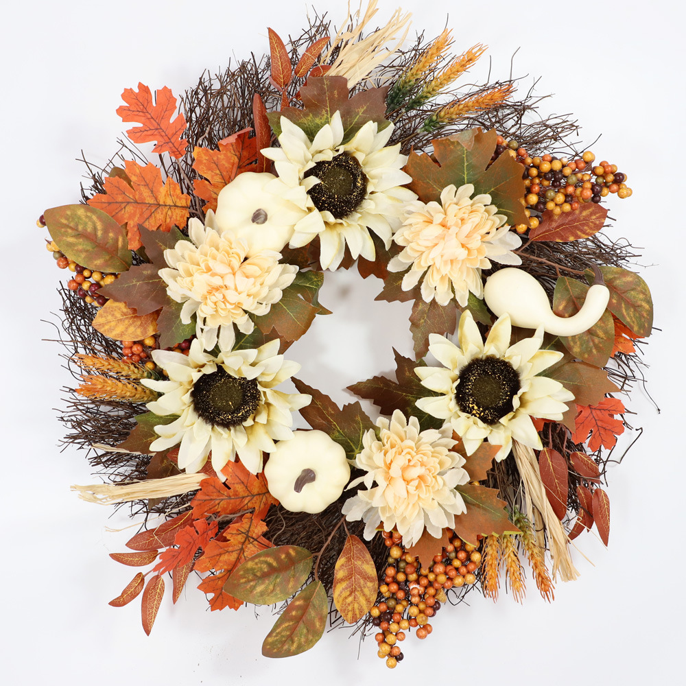 Cross-border autumn Thanksgiving white pumpkin wreath, Harvest Festival Sunflower Maple Leaf wreath decoration, door hanging ornaments pic 10