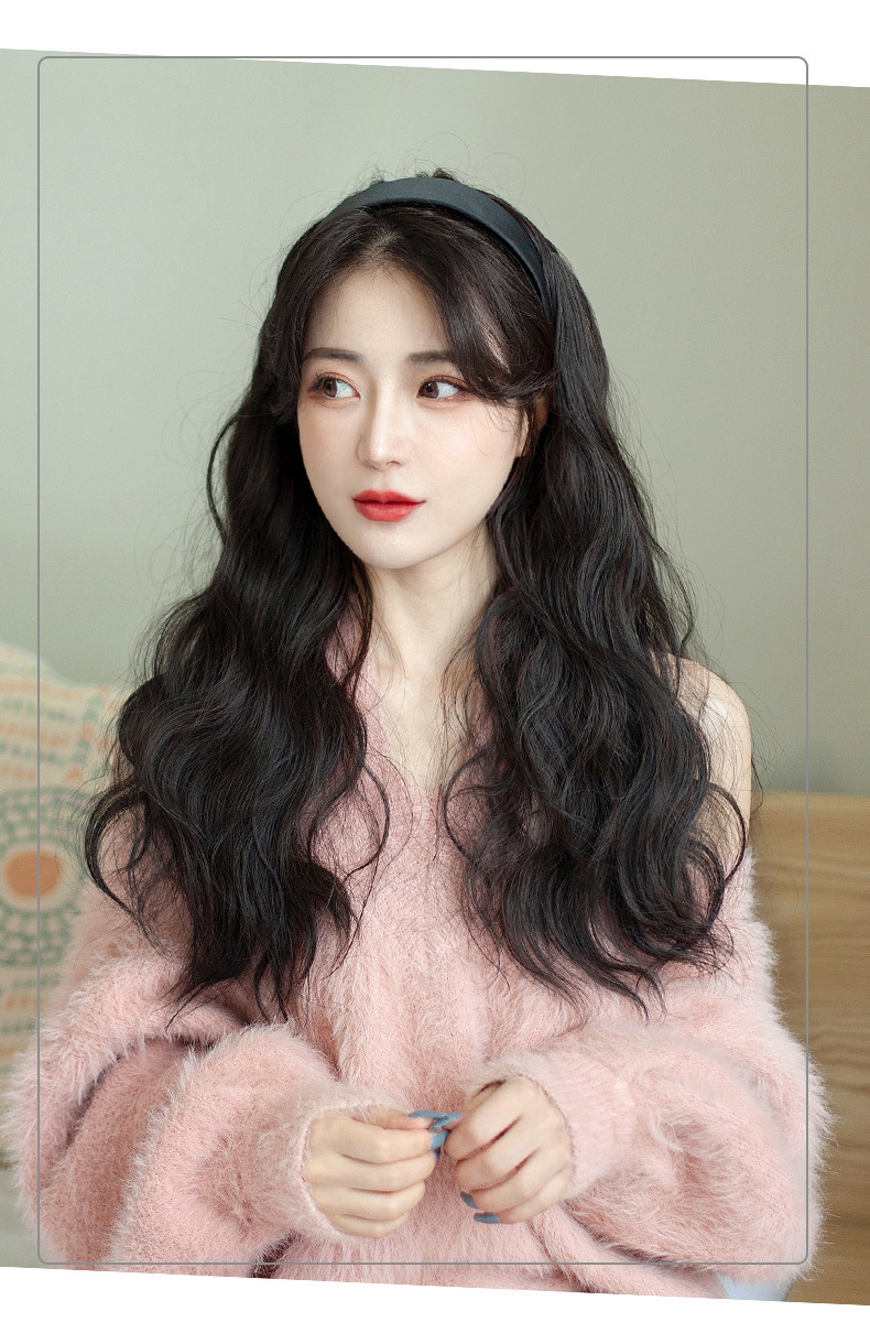 Black hairband wig one-piece long water ripple corn silk permed long curly hair half head cover pic 6