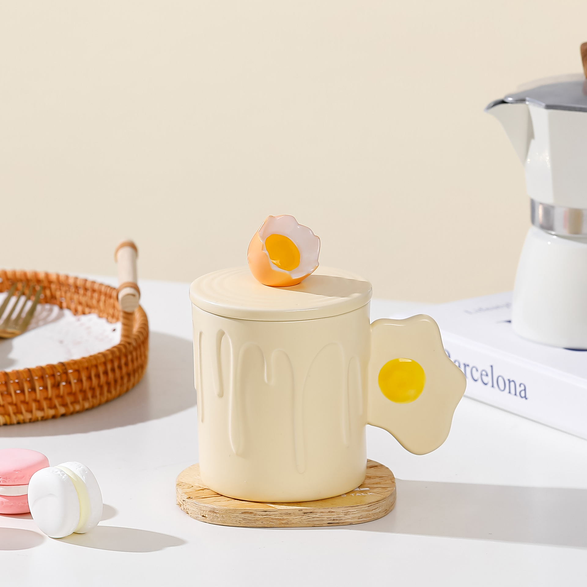 Home student ins cute cartoon macaron-colored ceramic Morandi egg mark drinking cup with lid and spoon pic 6