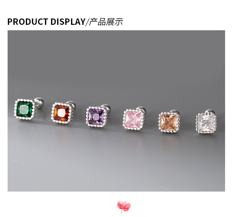 999 square color diamond screw stud earrings, simple and delicate, pure silver, sweet and elegant, forest-style ear-nourishing earrings pic 18