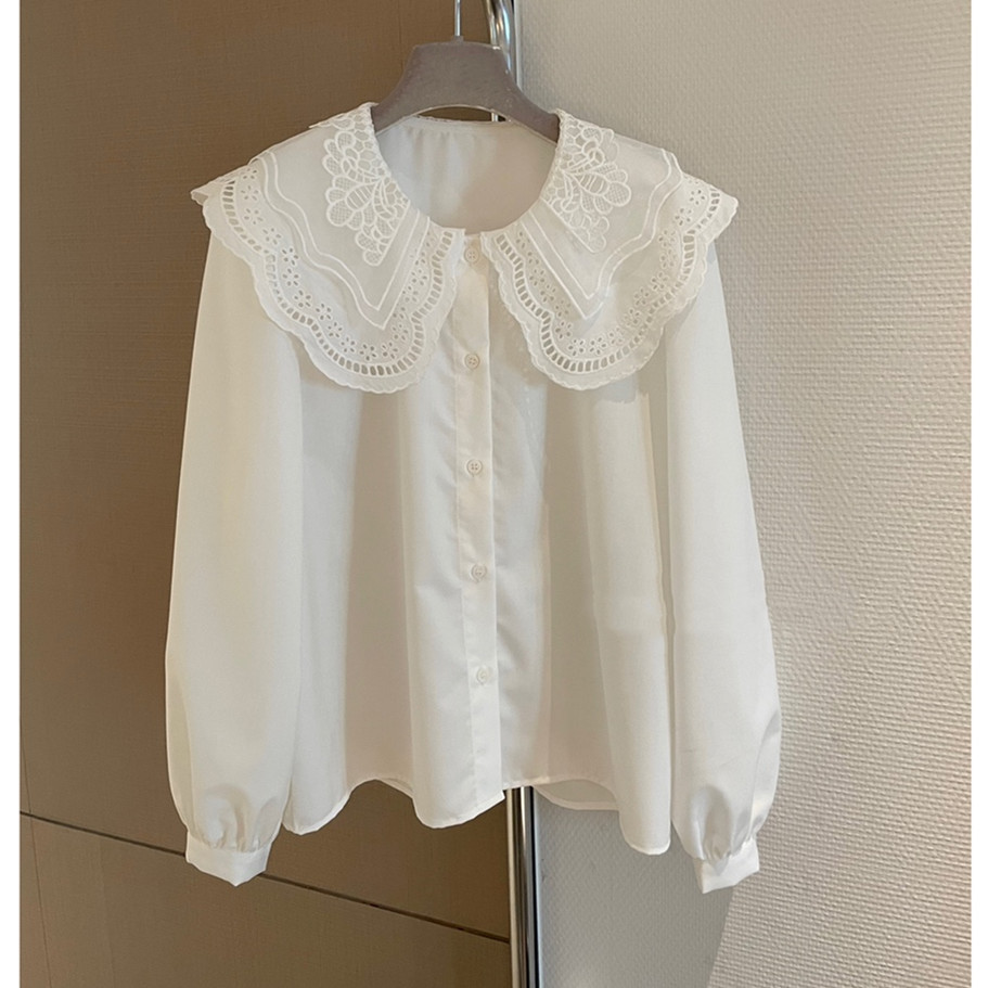 White baby collar shirt for women 2023 Spring and Autumn New French design style, a small and unique shirt with crocheted lace collar pic 2