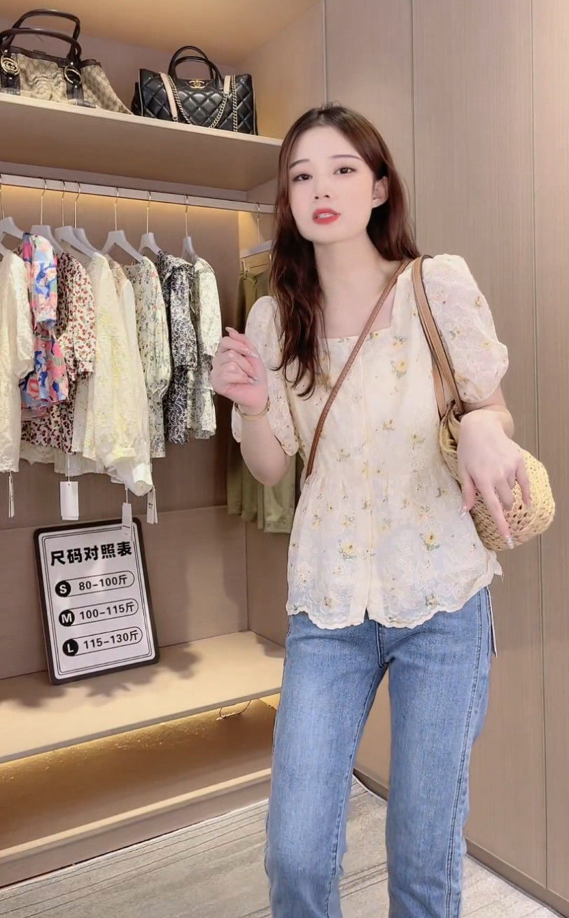 夏季新款方领碎花短袖衬衫女设计感小众洋气百搭泡泡袖别致上衣详情9