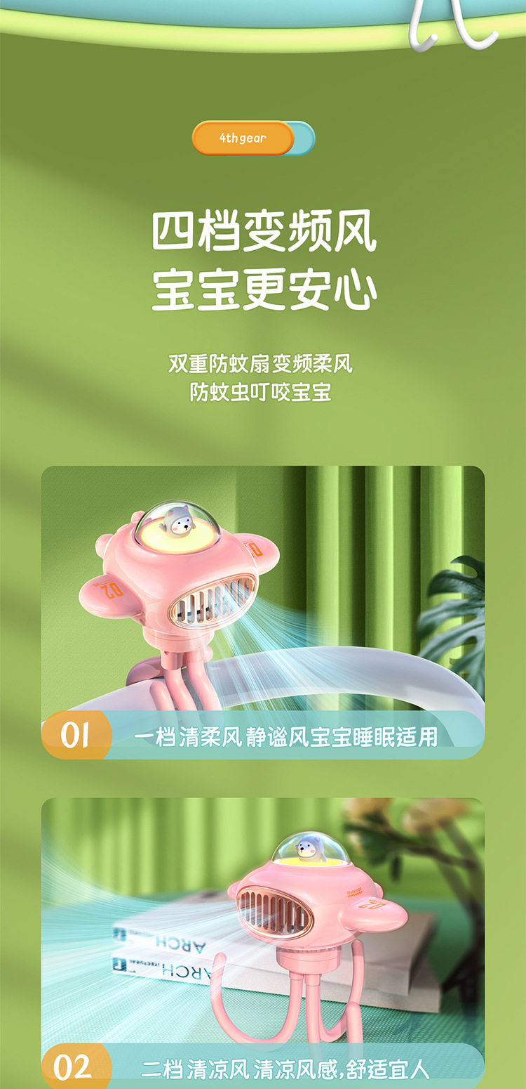 2023新款婴儿车风扇蓝牙音箱太空舱驱蚊摇头夹子静音迷你手持风扇详情9