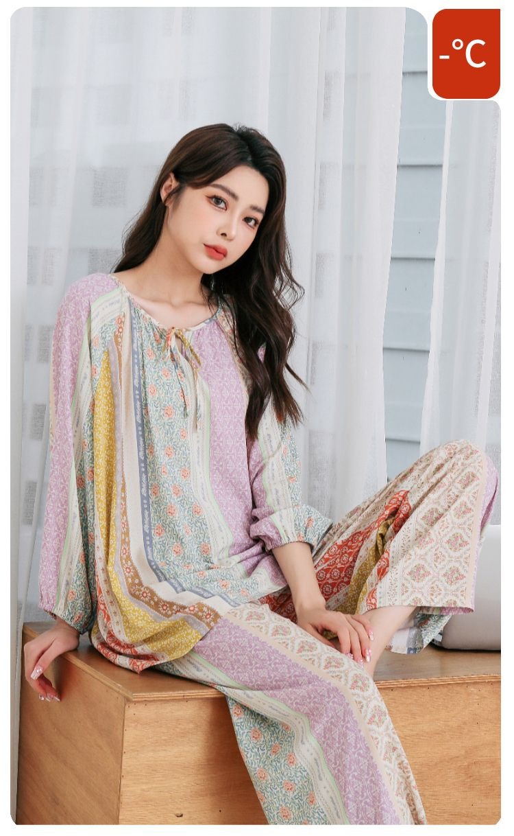 40支棉绸睡衣女士宽松国风灯笼袖高级感人棉长袖长裤家居服套装详情3