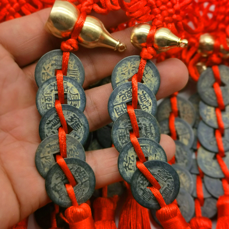 Cinnabar Fulu frosted gold gourd pendant, painted bagua metal gourd pendant, black copper five-emperor coin gourd pendant pic 7