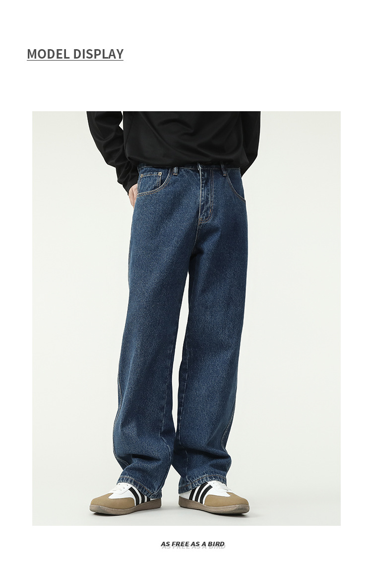 秋冬新款男装 深蓝色韩版水洗牛仔裤 中直筒宽松阔腿长裤子 适合运动休闲男士裤装详情12
