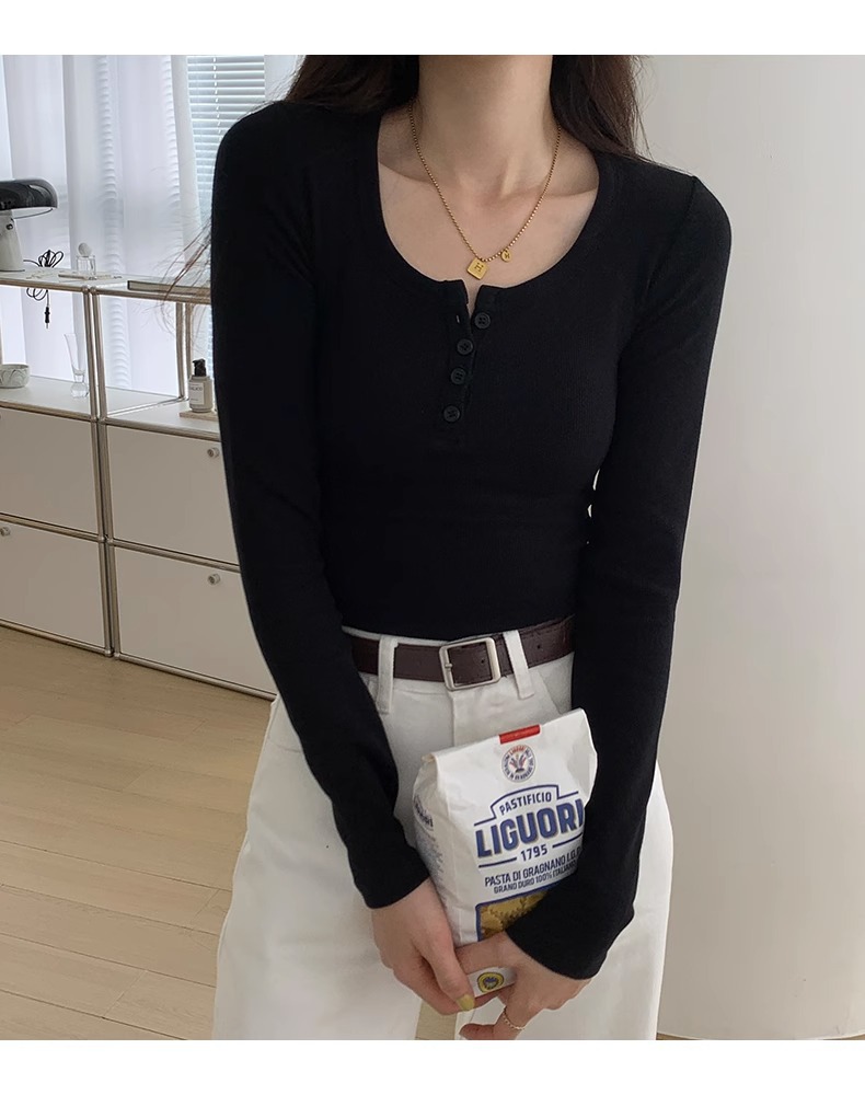 白色长袖t恤女2023秋装新款女装内搭上衣正肩体恤螺纹V领打底衫详情26