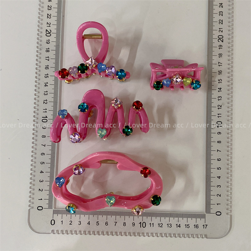 韩国新款复古彩色水钻粉色鲨鱼夹发夹 中古风抓夹网红时尚发饰女详情5