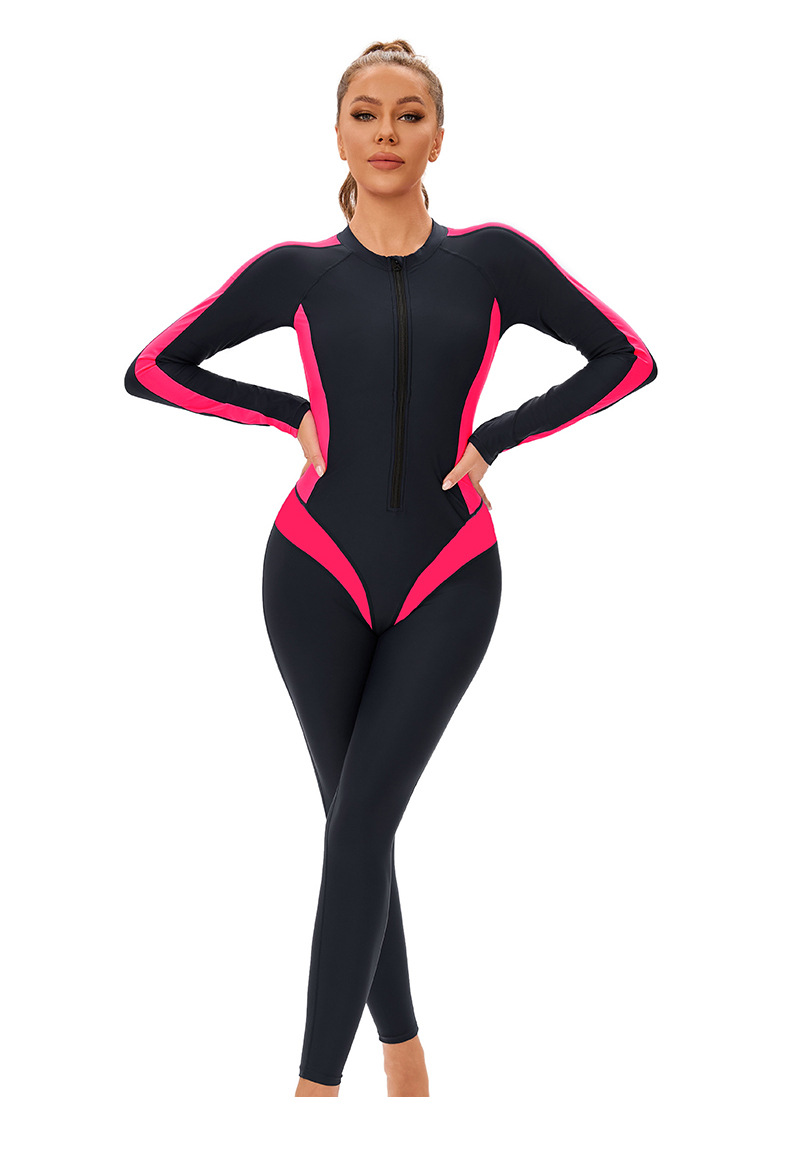 New color-block one-piece Muslim swimsuit for women, cross-border long-sleeved and long-sleeved trousers, conservative full-body zip-up swimsuit pic 10