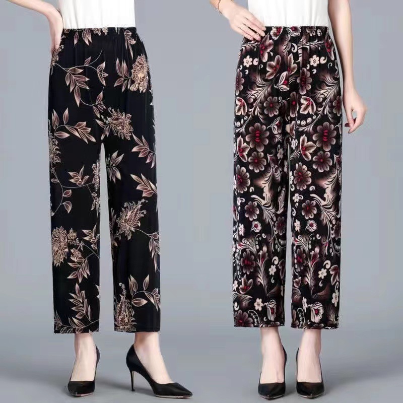 批发夏季冰丝女士九分花裤妈妈裤薄款高腰休闲宽松时尚中老年女裤详情9