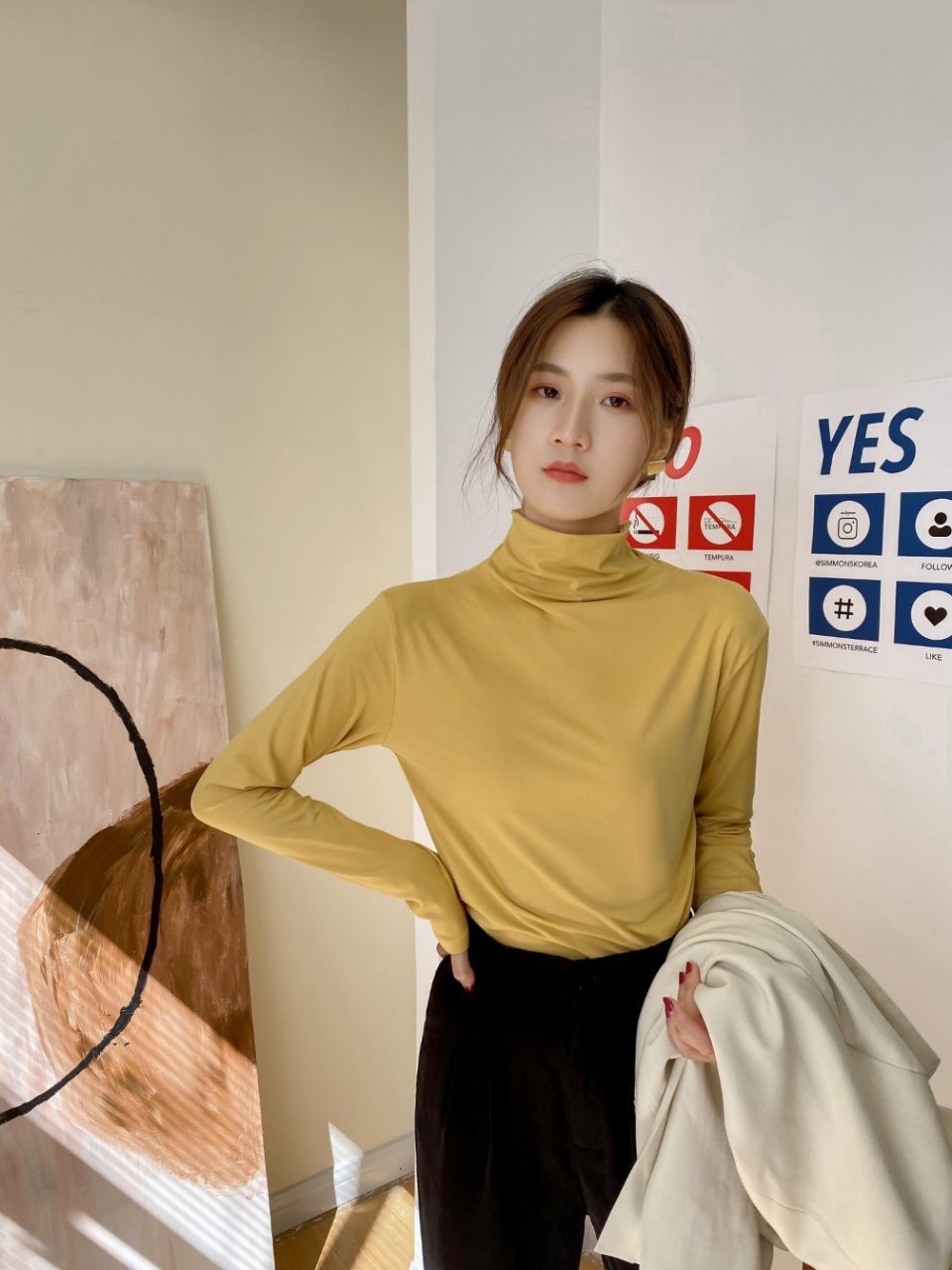 For autumn and winter, pair a semi-high-neck Korean-style mask base layer with a versatile, thick, stylish and slimming long-sleeved T-shirt for ladies pic 7