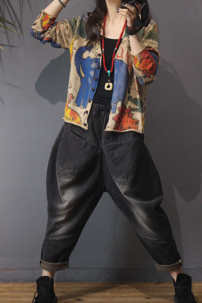 Spring 2021 new printed knitted cardigan for women, retro ethnic style, loose, large-sized, slimming long-sleeved top pic 5