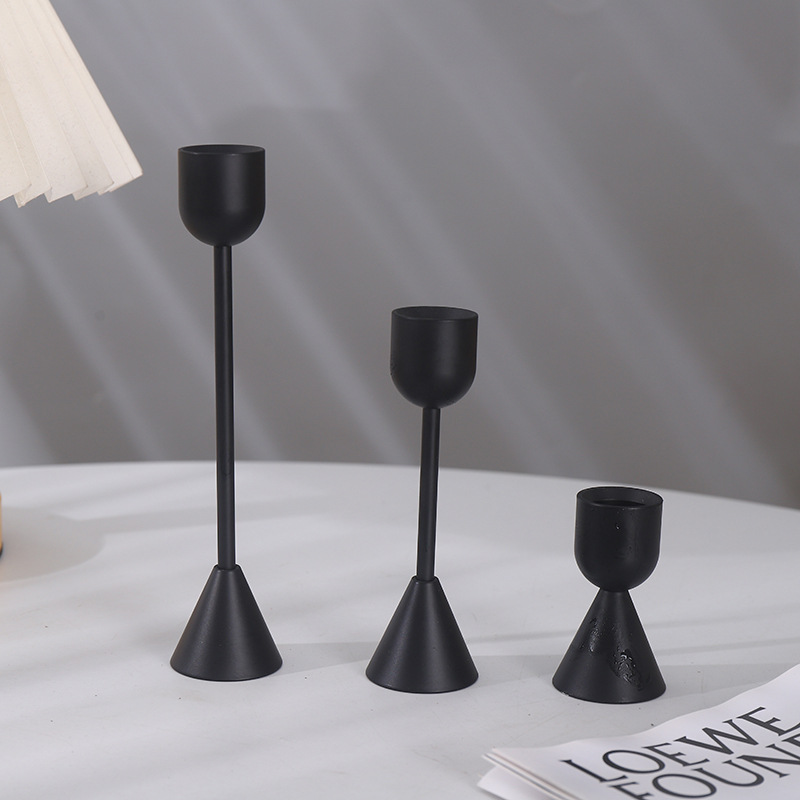 In-stock Nordic-style American candles, pure black candlestick base, three-piece set for model room decoration, small candlestick decorative ornaments pic 1