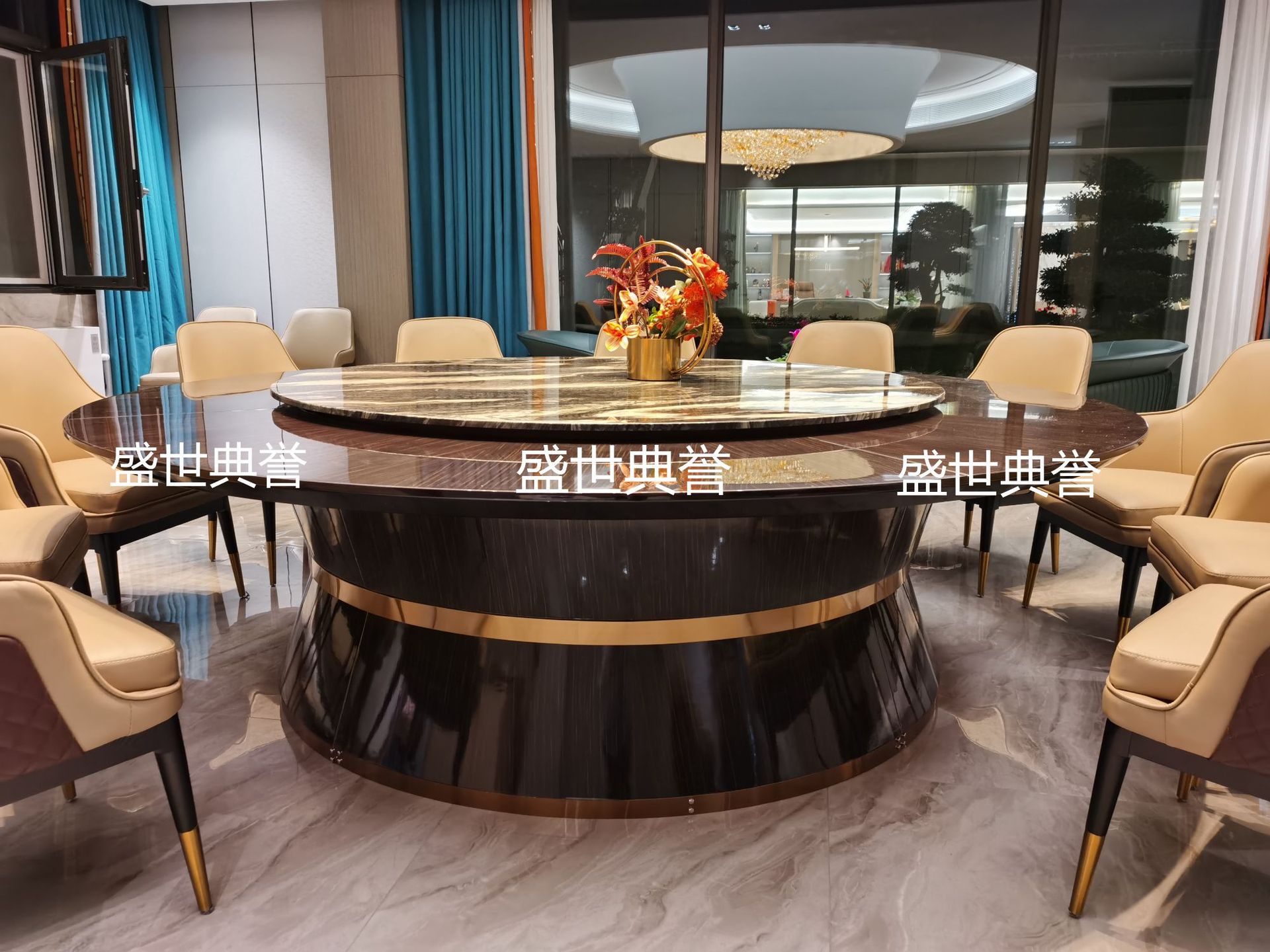 Beijing star hotel solid wood electric dining tables and chairs, high-end club electric turntable dining tables, modern light luxury large round tables pic 4