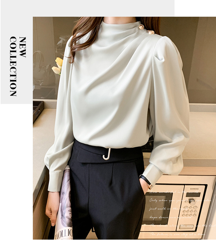 外贸供货2023轻熟气质立领褶皱灯笼袖时尚长袖上衣宽松女士衬衫详情45