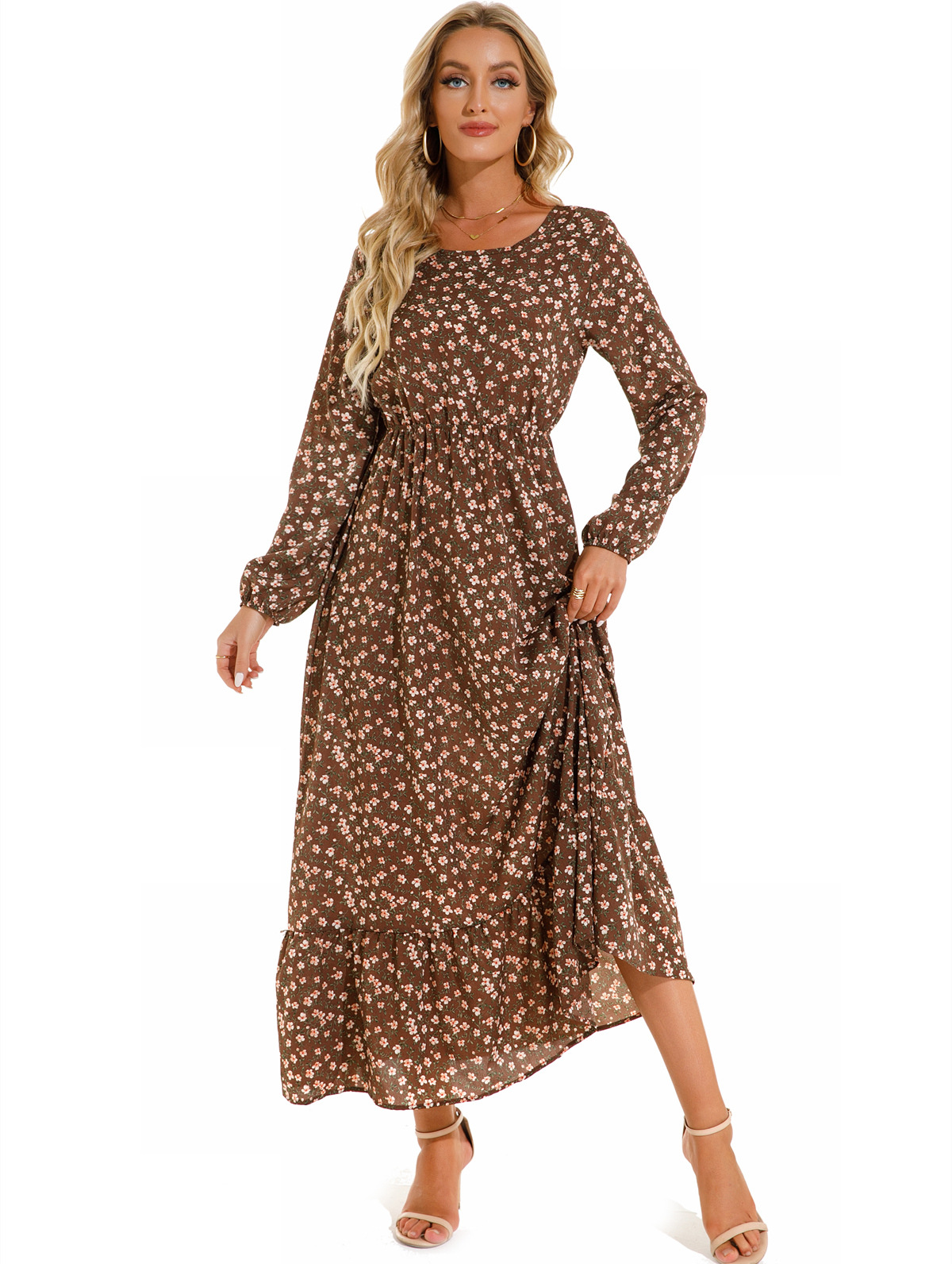 European and American floral long, round-neck, long-sleeved, waist-cinching and slimming dress pic 38