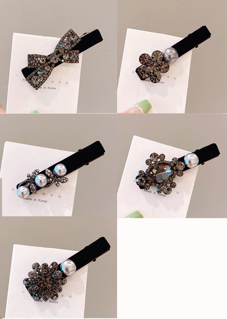 Black rhinestone velvet bangs clip with a high-end look, side clip with a duckbill clip and a small Chanel style, pearl rhinestone hair clip at the back of the head pic 39