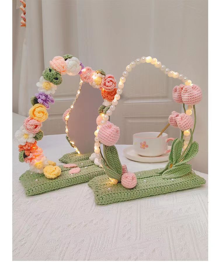 DIY手工编织郁金香铃兰小花束化妆镜子桌面摆件毛线钩织闺蜜礼物详情12