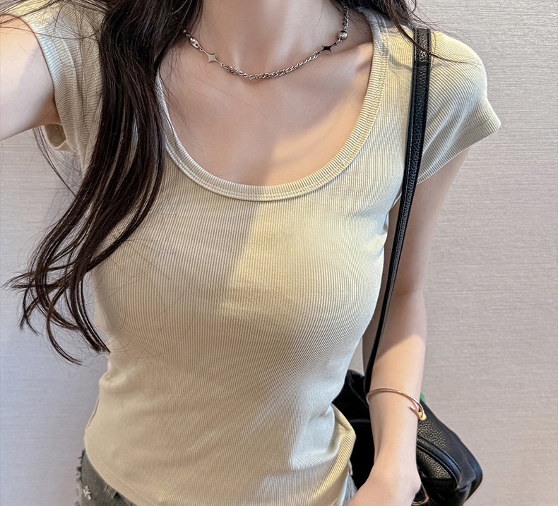 螺纹大圆领正肩短袖t恤女式夏季内搭显瘦高级感纯欲T恤上衣打底衫详情18