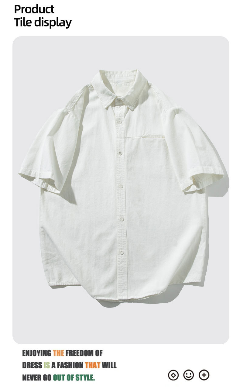 OLA 春秋款男士宽松休闲百搭简约纯色翻领短袖纯棉衬衫上衣外套详情5