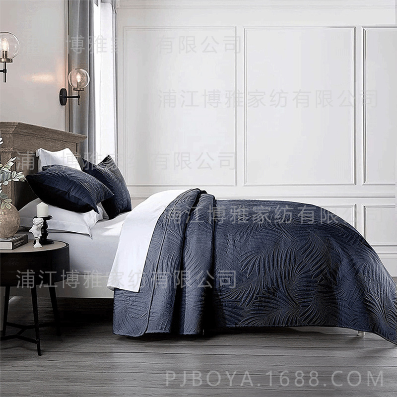 Leaf-shaped hotel universal bed cover jacquard three-piece set, polyester pure white ultrasonic high count and high density bedding pic 19