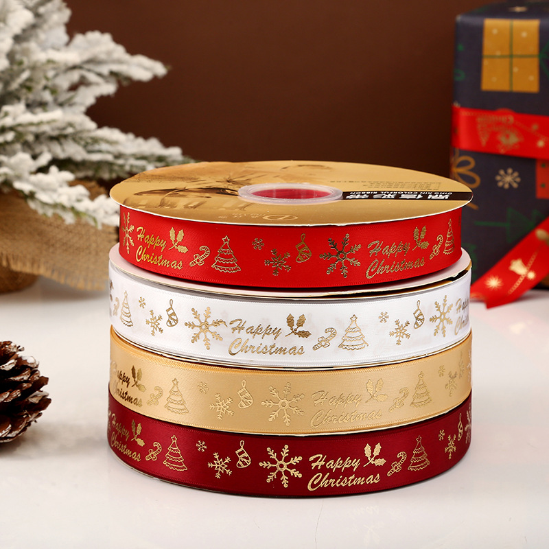 Dingxin 2.5CM Christmas ribbon in stock wholesale, gold-embossed snowflake DIY Christmas gift packaging color ribbon Polyester ribbon pic 8
