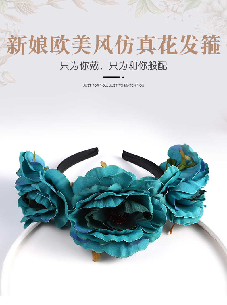New European and American retro exaggerated garland headbands, artificial flower handcrafted hair accessories, fabric bridal headwear, in stock for wholesale pic 3