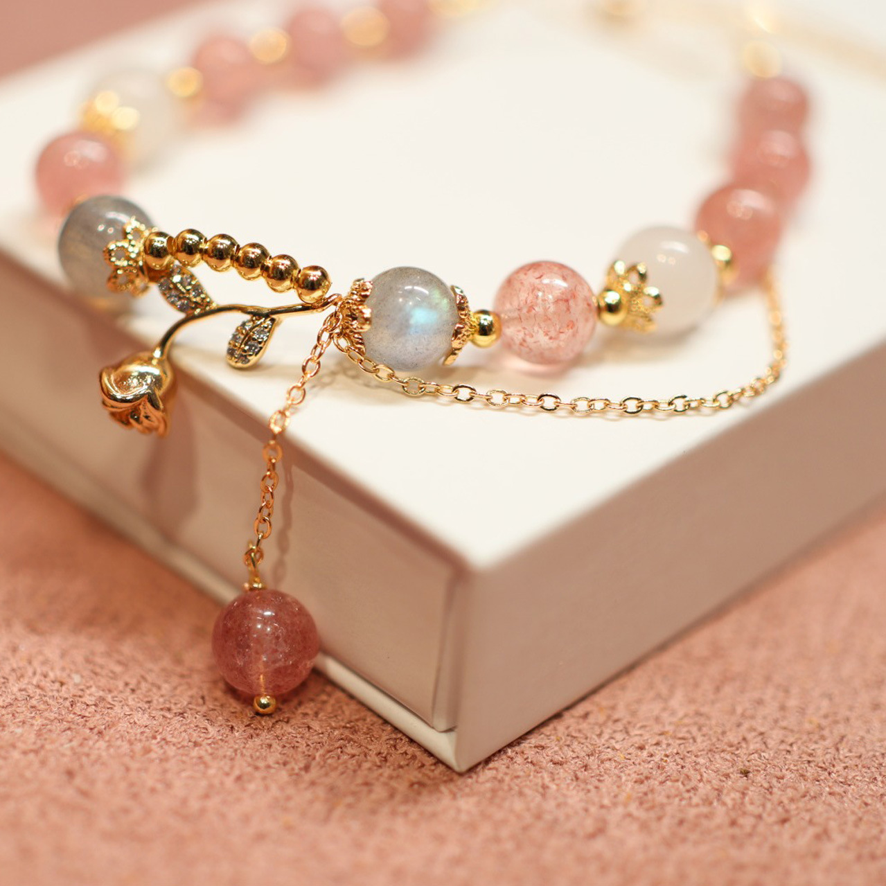 Natural strawberry crystal beaded bracelet, Little Prince and rose pendant bracelet, niche design sense jewelry pic 5