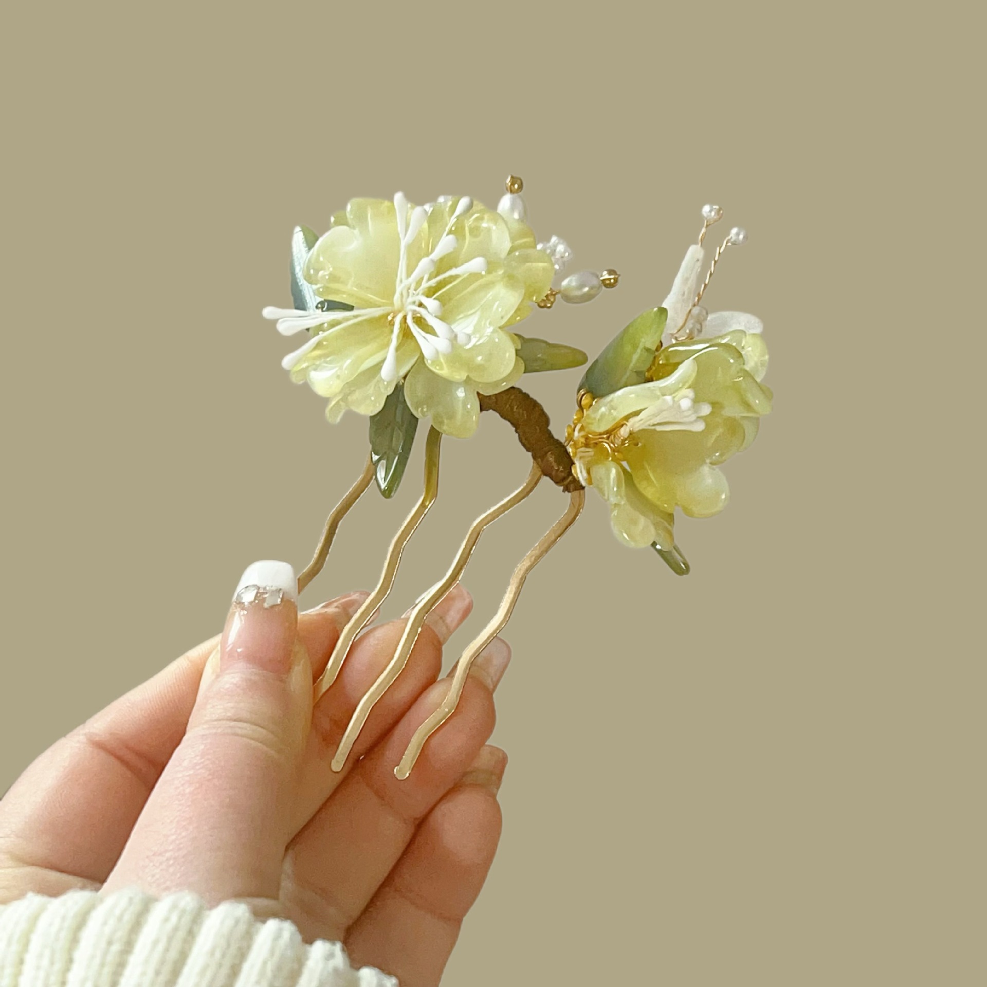 国潮国风古风绿色芍药发梳新中式缠花发饰头饰头花女汉服配饰插梳秀禾梳子详情4