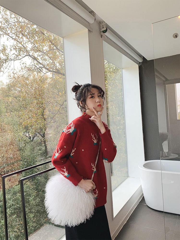 新款圣诞麋鹿红色半高领毛衣女宽松显瘦长袖打底针织衫潮详情5