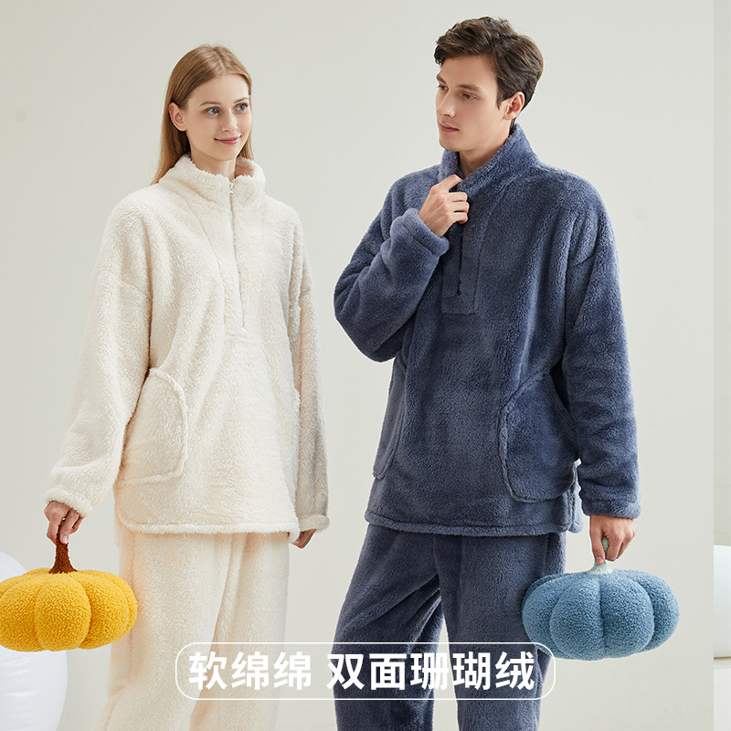 珊瑚绒睡衣女冬季加厚保暖情侣睡衣大码开衫家居服可外穿睡衣套装详情3