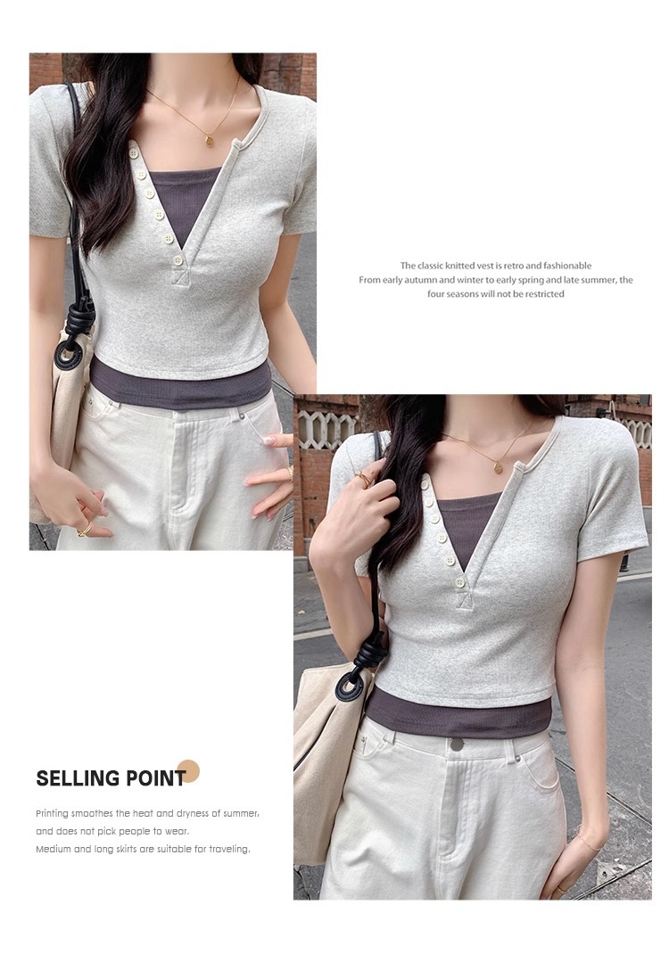 Pink V-neck off-the-shoulder T-shirt for women, short sleeve, new spring and summer style, two-piece design, slim and short, pure and sensual pic 45