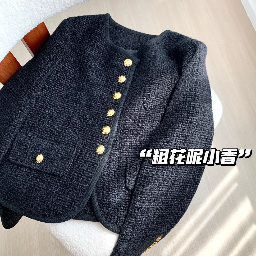 同款~黑色小香风短外套女23秋冬新款粗花呢六扣双口袋详情11