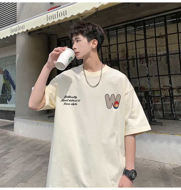 Camiseta de manga corta de estilo americano de algodón pesado hombre verano 2024 nuevo oso estampado estado de moda puerto estilo chico camiseta pic 21