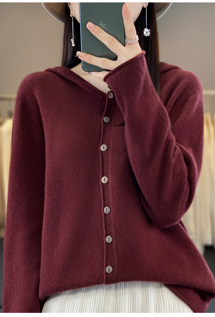 女士连帽100羊毛衫开衫百搭秋冬新款纯色一线成衣潮卫衣针织外套详情24